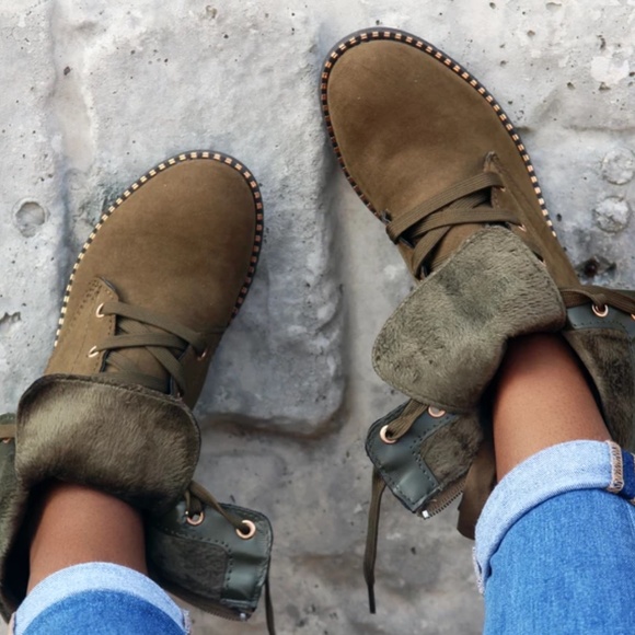 FAUX SUEDE/FUR LINED OLIVE GREEN COMBAT BOOT LACE UP/SIDE ZIP GOLD STUD ACCENTS - Picture 6 of 6